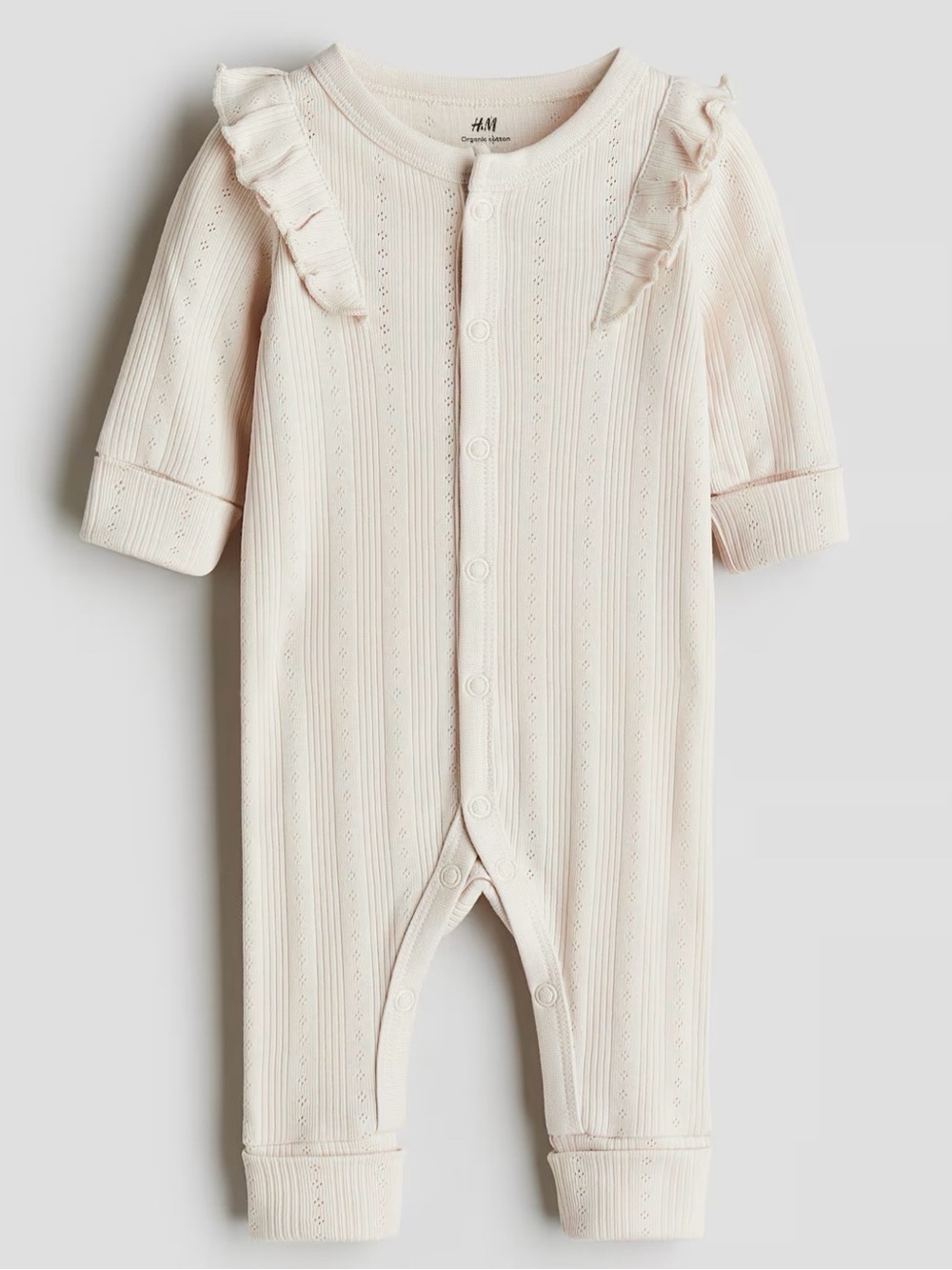 H&M Cream Ribbed Pointelle Eyelet Design Ruffle Baby Cotton Footie